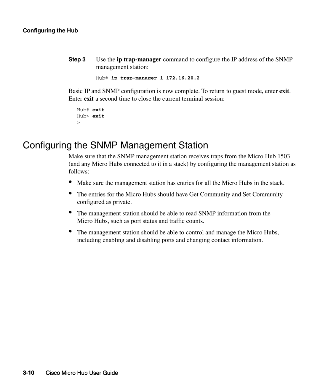Cisco Systems 1503 manual Configuring the SNMP Management Station, Cisco Micro Hub User Guide 