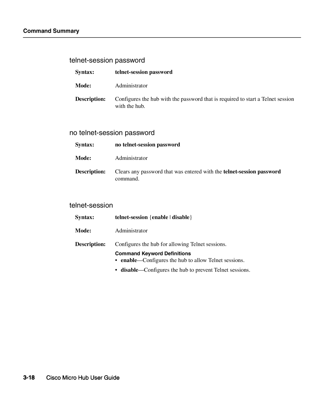 Cisco Systems 1503 manual no telnet-session password, Command Summary, Cisco Micro Hub User Guide 