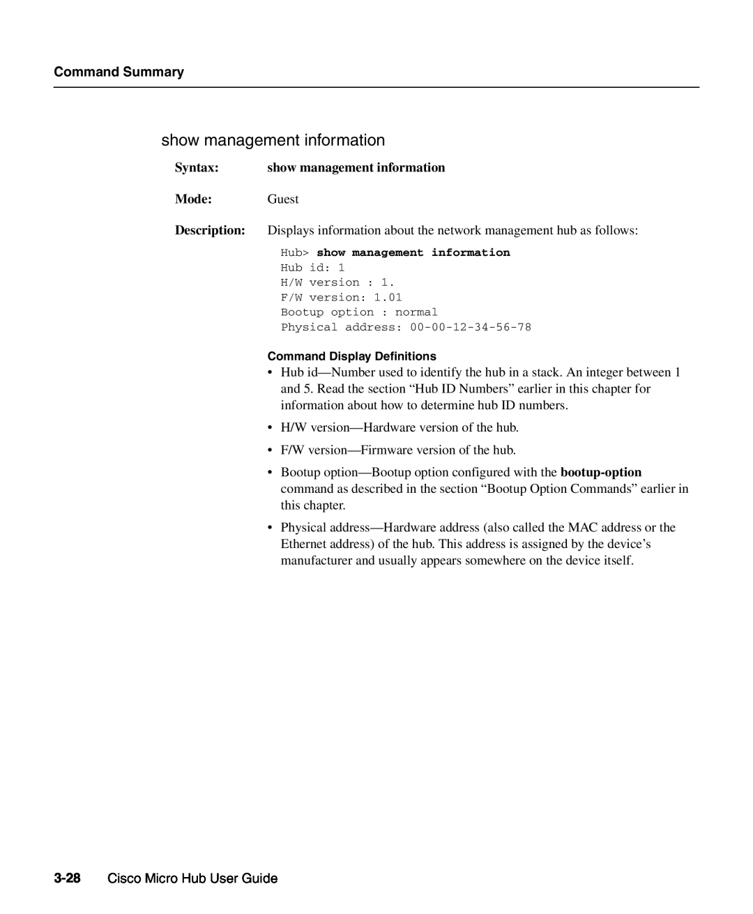 Cisco Systems 1503 manual show management information, Command Summary, Cisco Micro Hub User Guide 