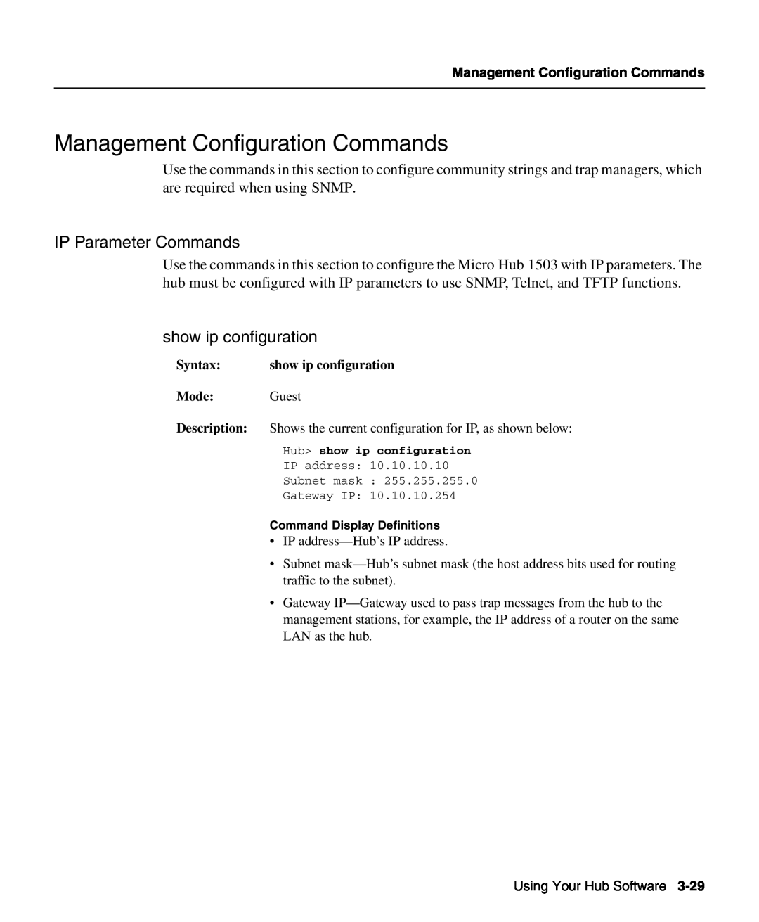 Cisco Systems 1503 manual Management Configuration Commands, IP Parameter Commands, show ip configuration 