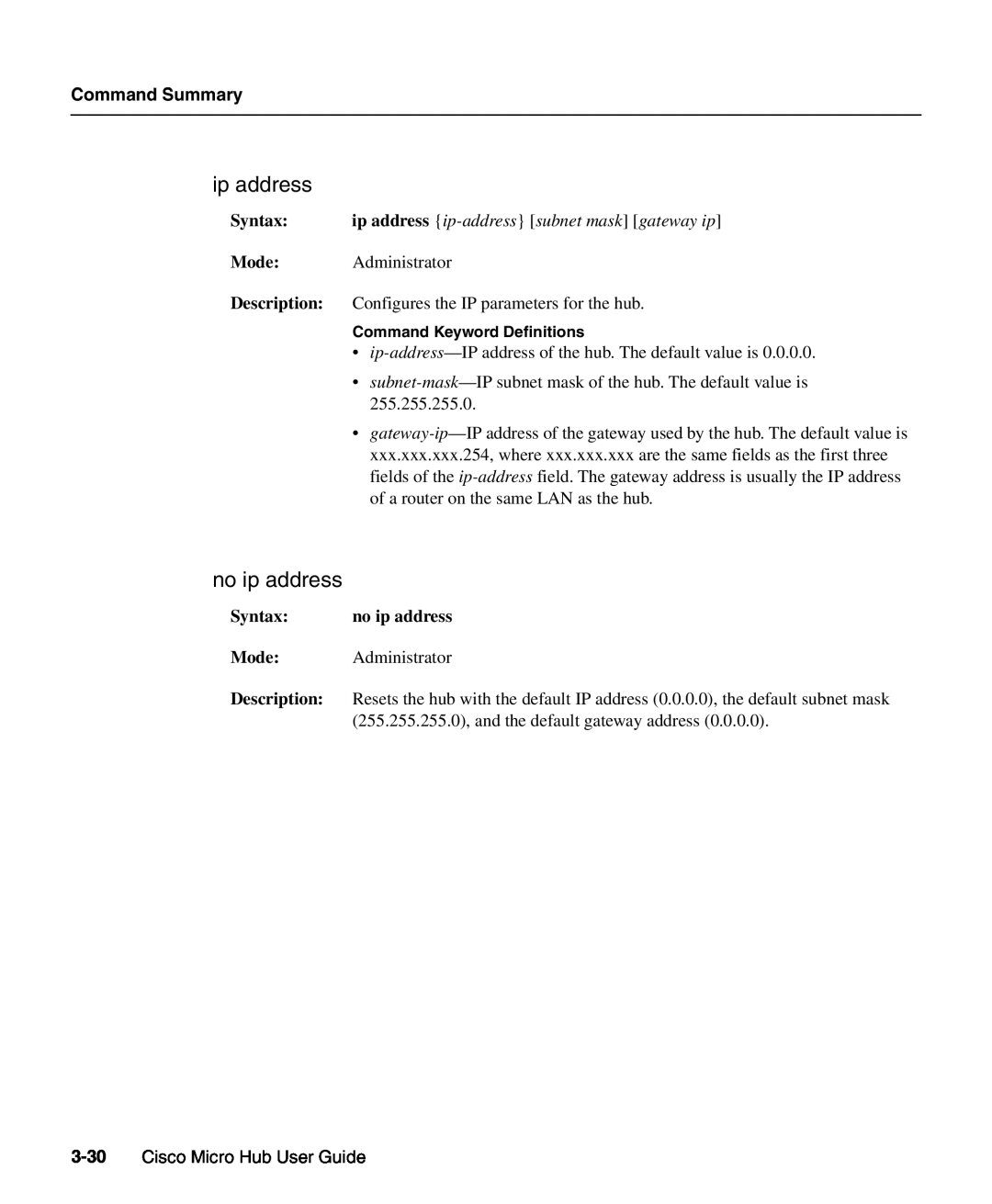 Cisco Systems 1503 manual no ip address, Command Summary, Cisco Micro Hub User Guide 