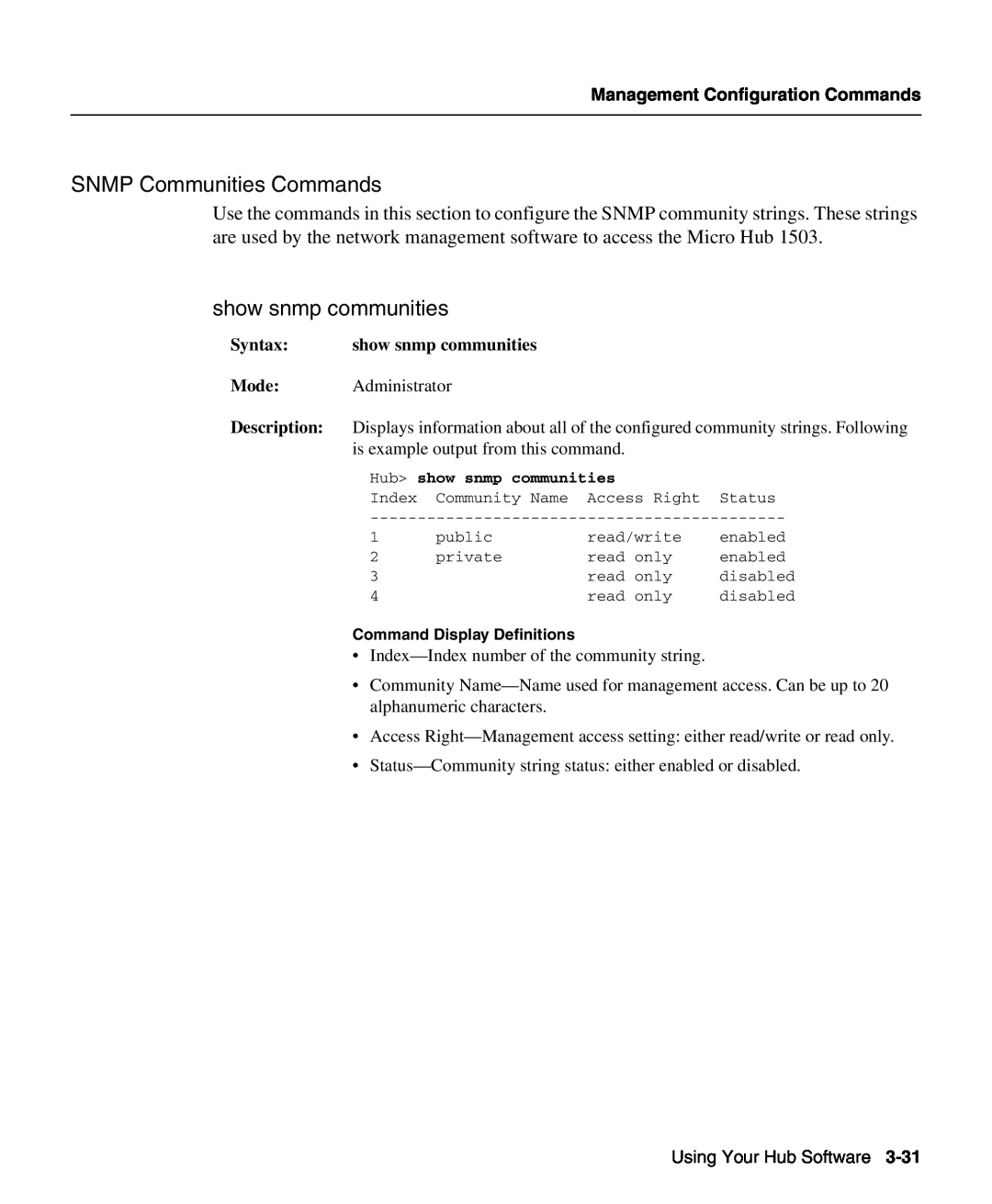 Cisco Systems 1503 manual SNMP Communities Commands, show snmp communities, Management Configuration Commands 