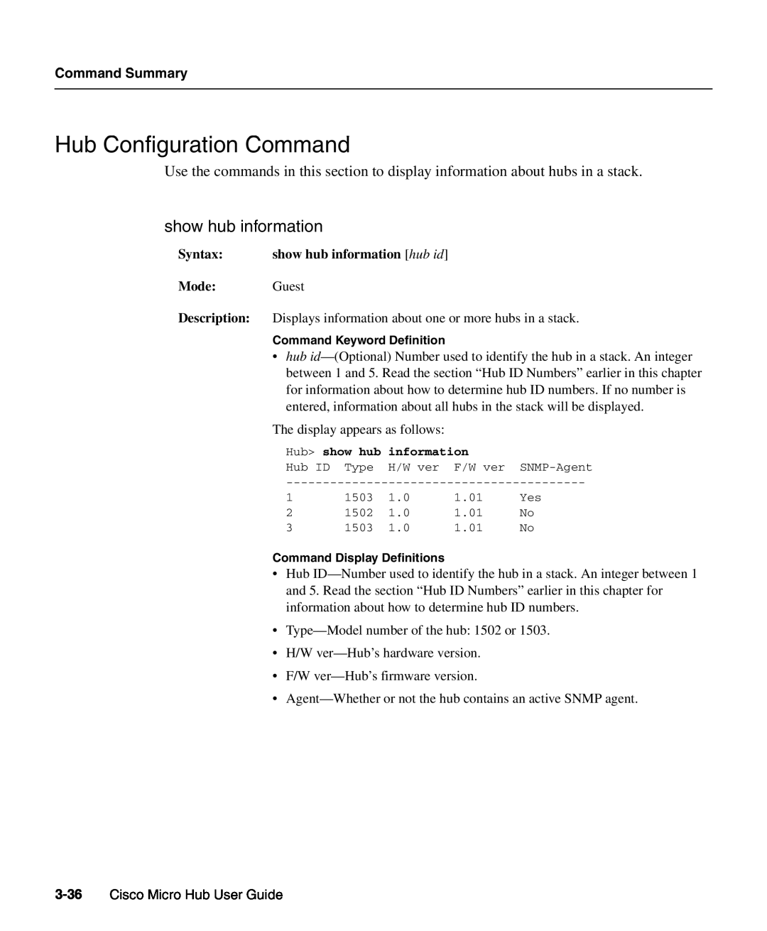 Cisco Systems 1503 manual Hub Configuration Command, show hub information, Command Summary 