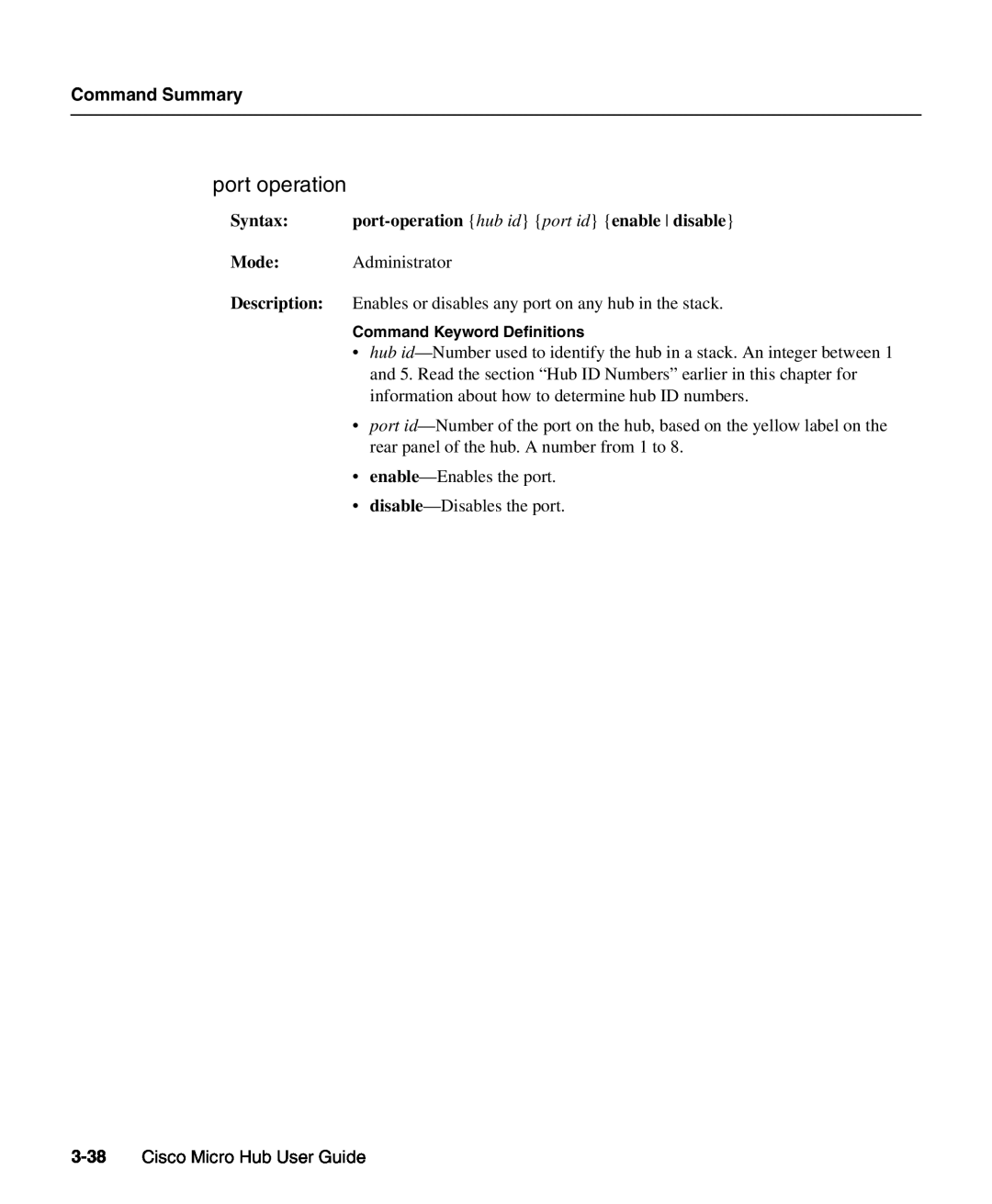 Cisco Systems 1503 manual port operation, Command Summary, Cisco Micro Hub User Guide 