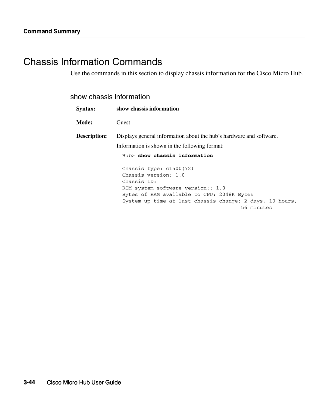 Cisco Systems 1503 Chassis Information Commands, show chassis information, Command Summary, Cisco Micro Hub User Guide 
