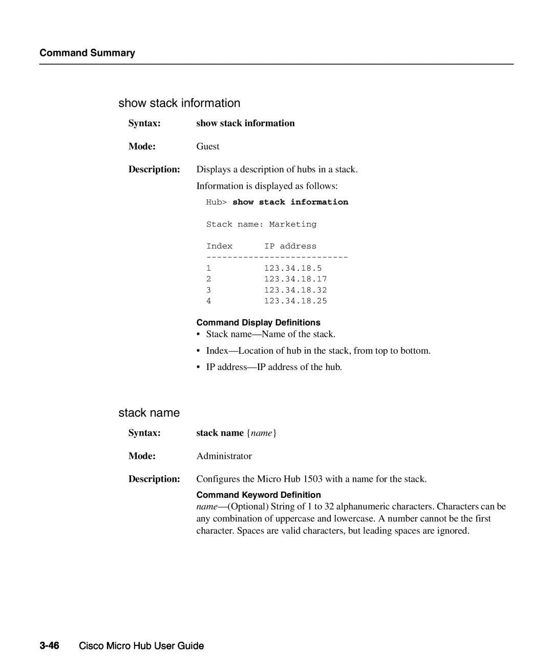 Cisco Systems 1503 manual show stack information, stack name, Command Summary, Cisco Micro Hub User Guide 