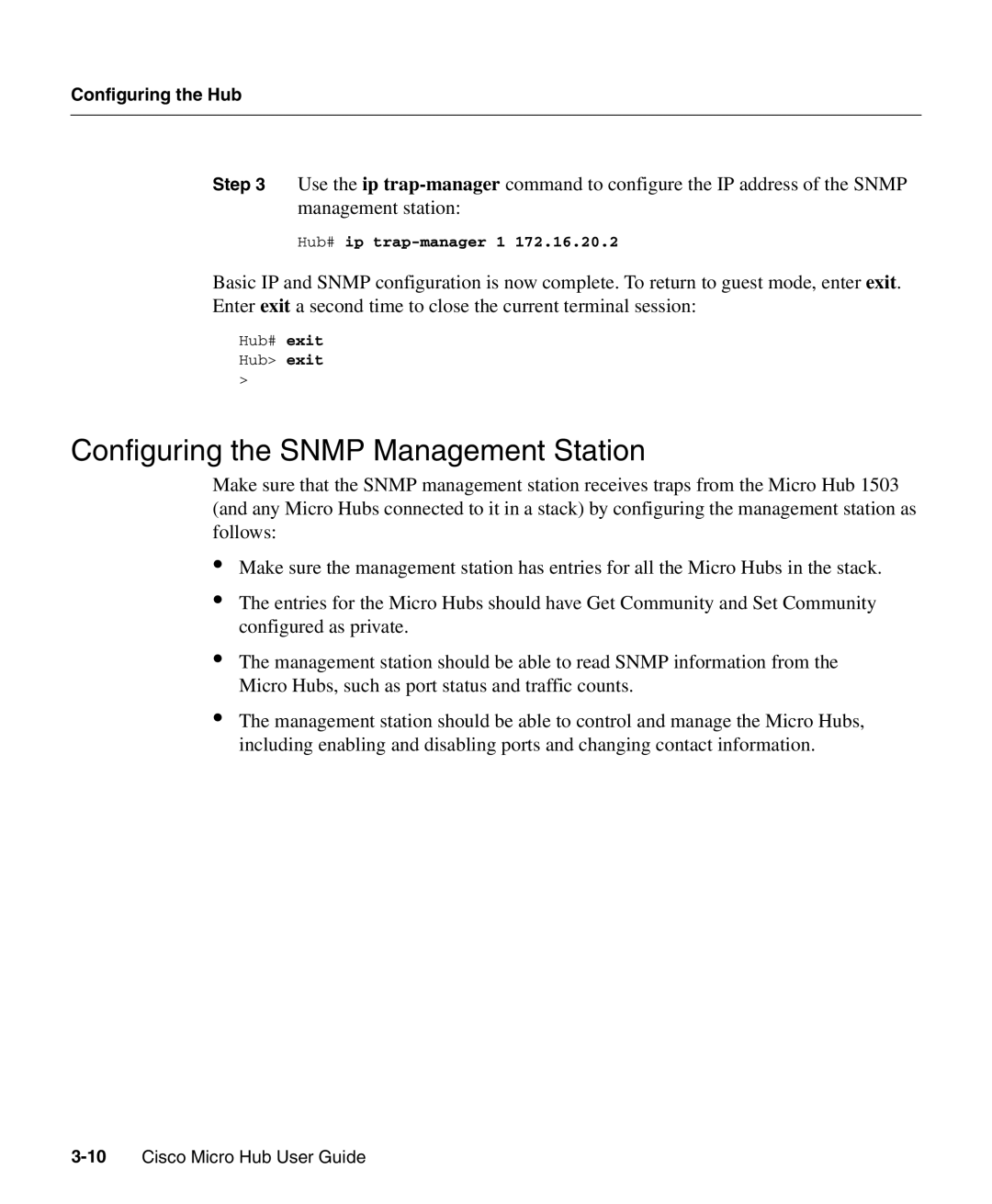 Cisco Systems 1503 manual Configuring the Snmp Management Station, Hub# ip trap-manager 1 