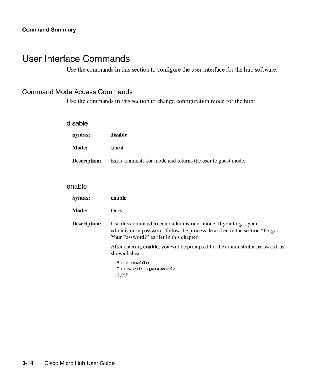 Cisco Systems 1503 manual User Interface Commands, Command Mode Access Commands, Disable, Enable 