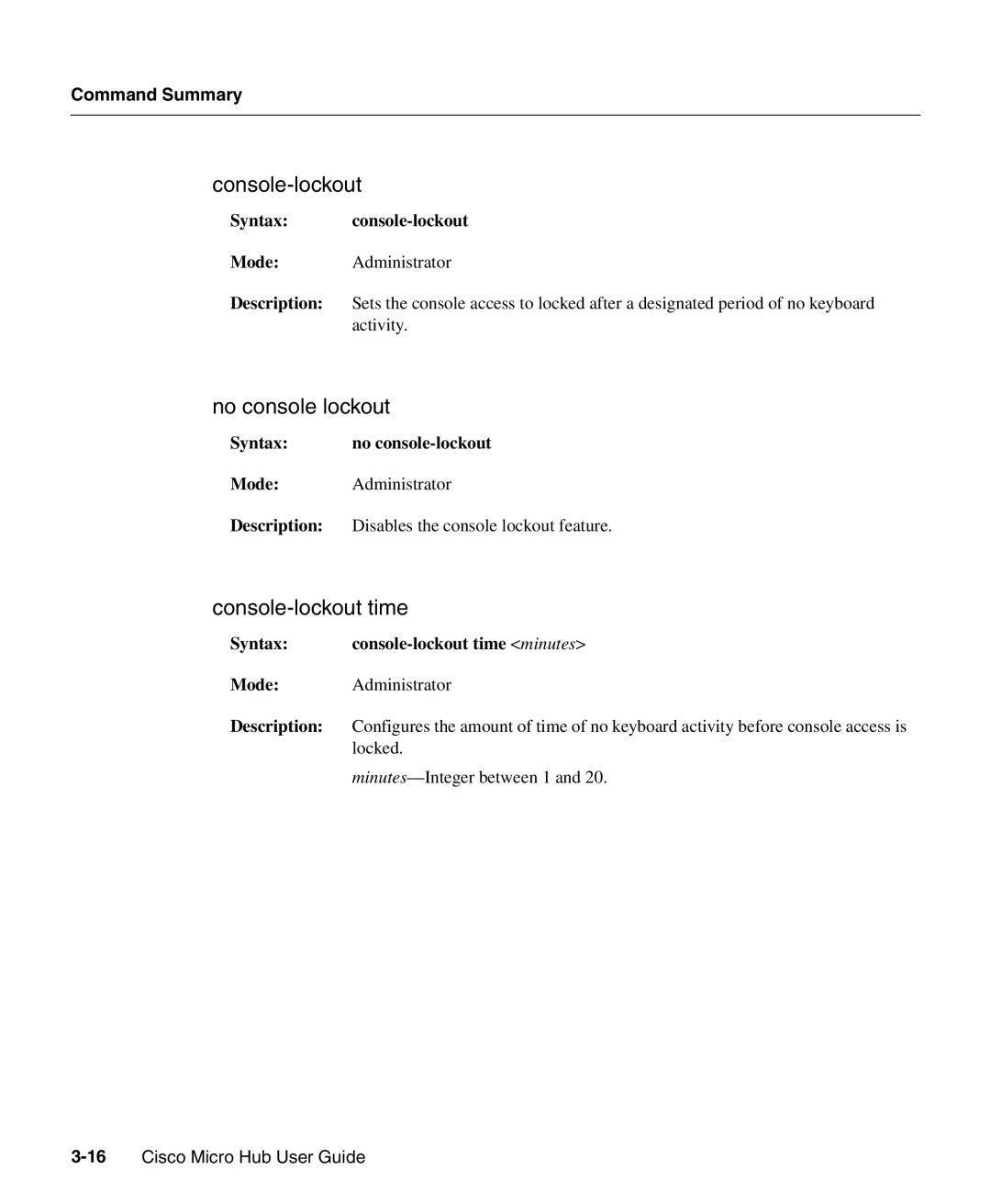 Cisco Systems 1503 manual No console lockout, Console-lockout time, Syntax console-lockout 