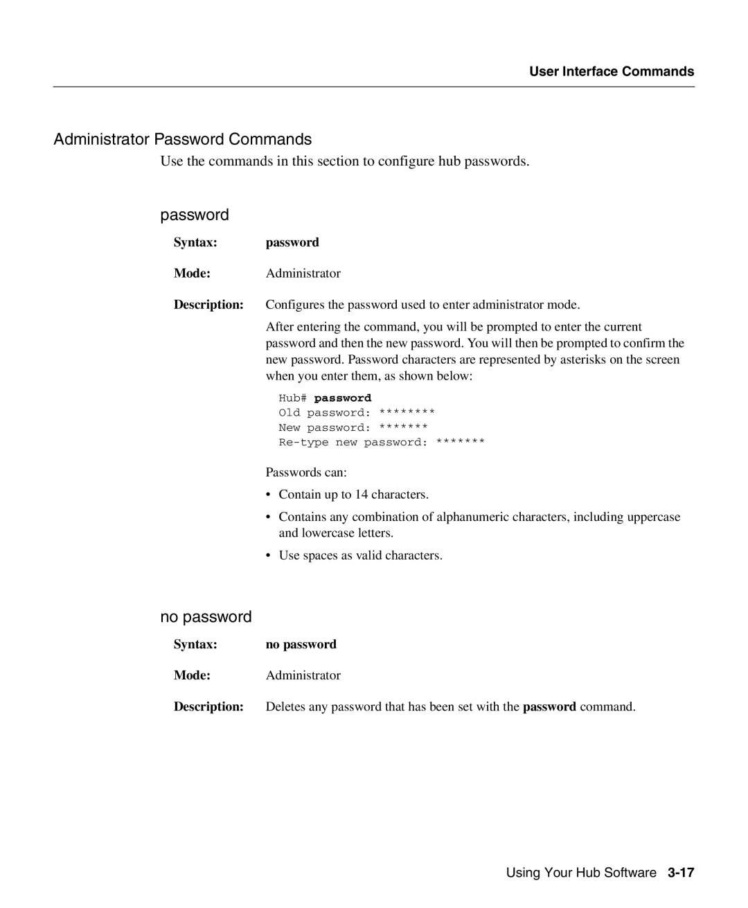 Cisco Systems 1503 manual Administrator Password Commands, Syntax password, Syntax No password 