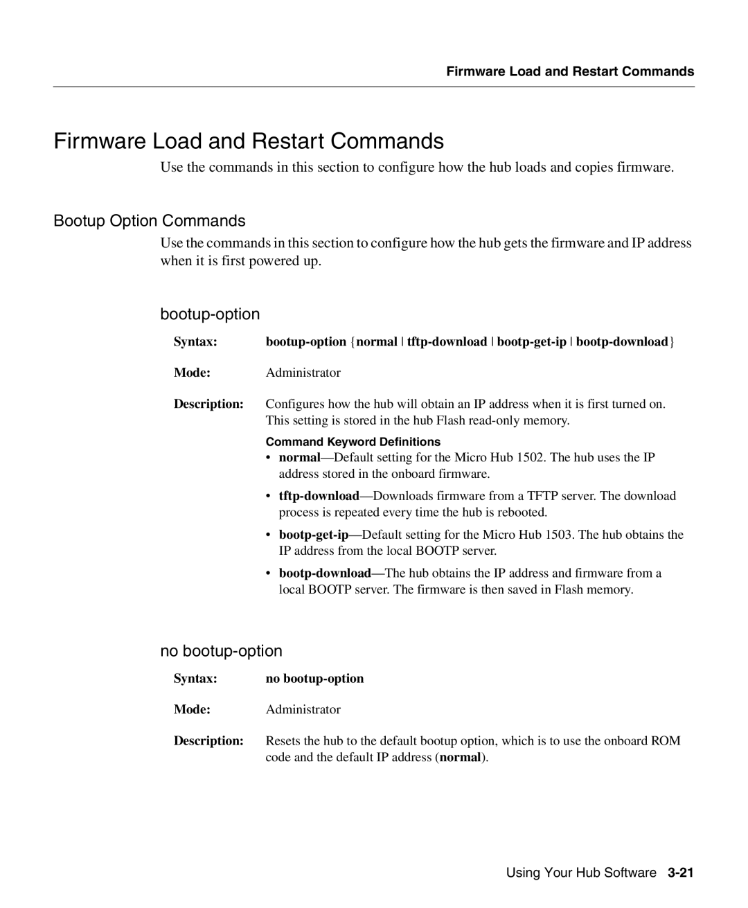 Cisco Systems 1503 manual Firmware Load and Restart Commands, Bootup Option Commands, Bootup-option, No bootup-option 