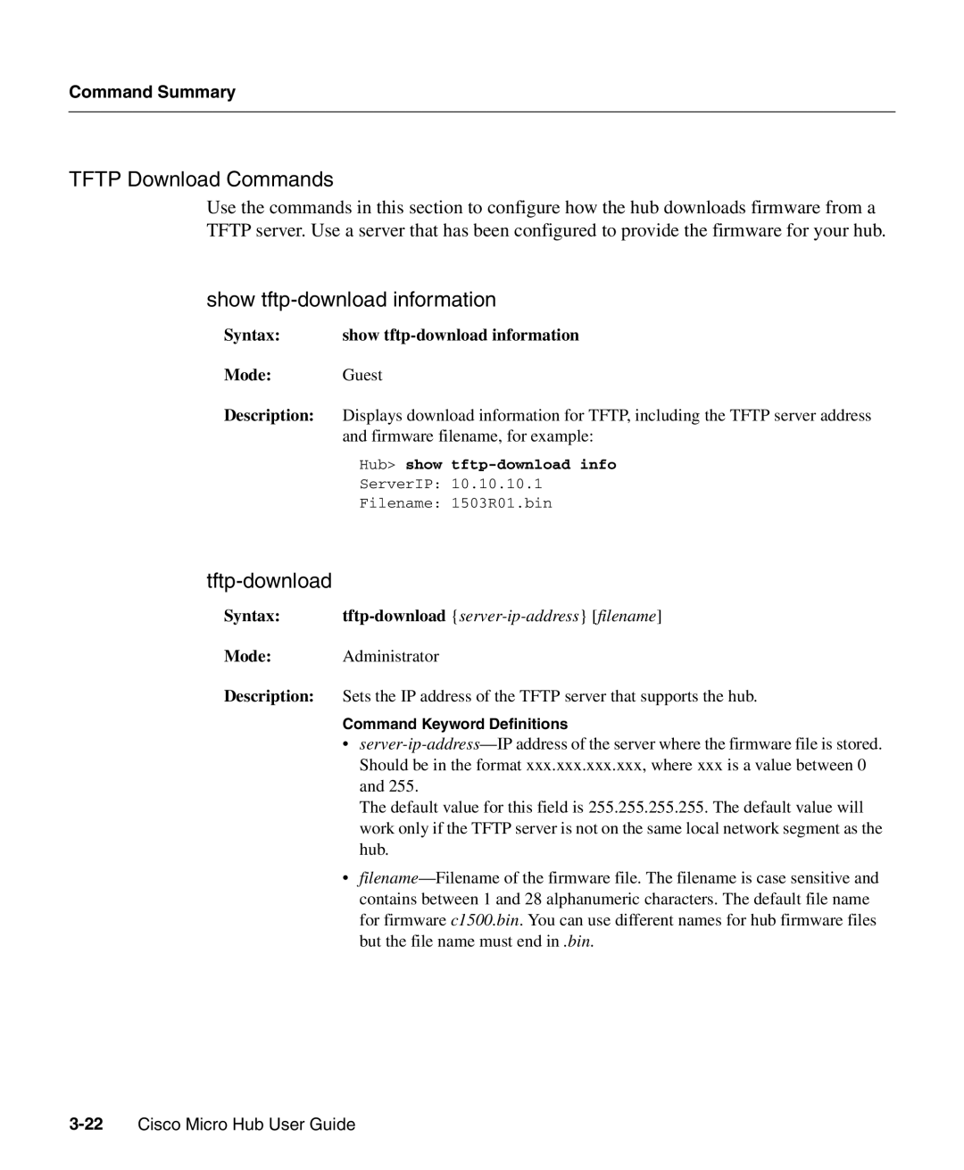 Cisco Systems 1503 Tftp Download Commands, Show tftp-download information, Tftp-download, Hub show tftp-download info 