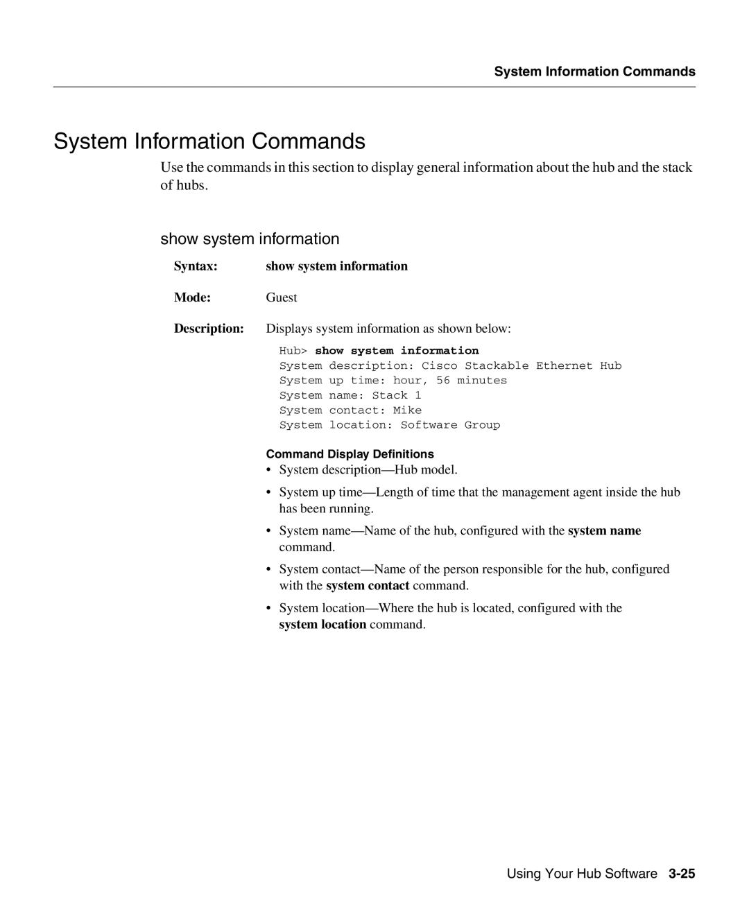 Cisco Systems 1503 manual System Information Commands, Show system information, Hub show system information 