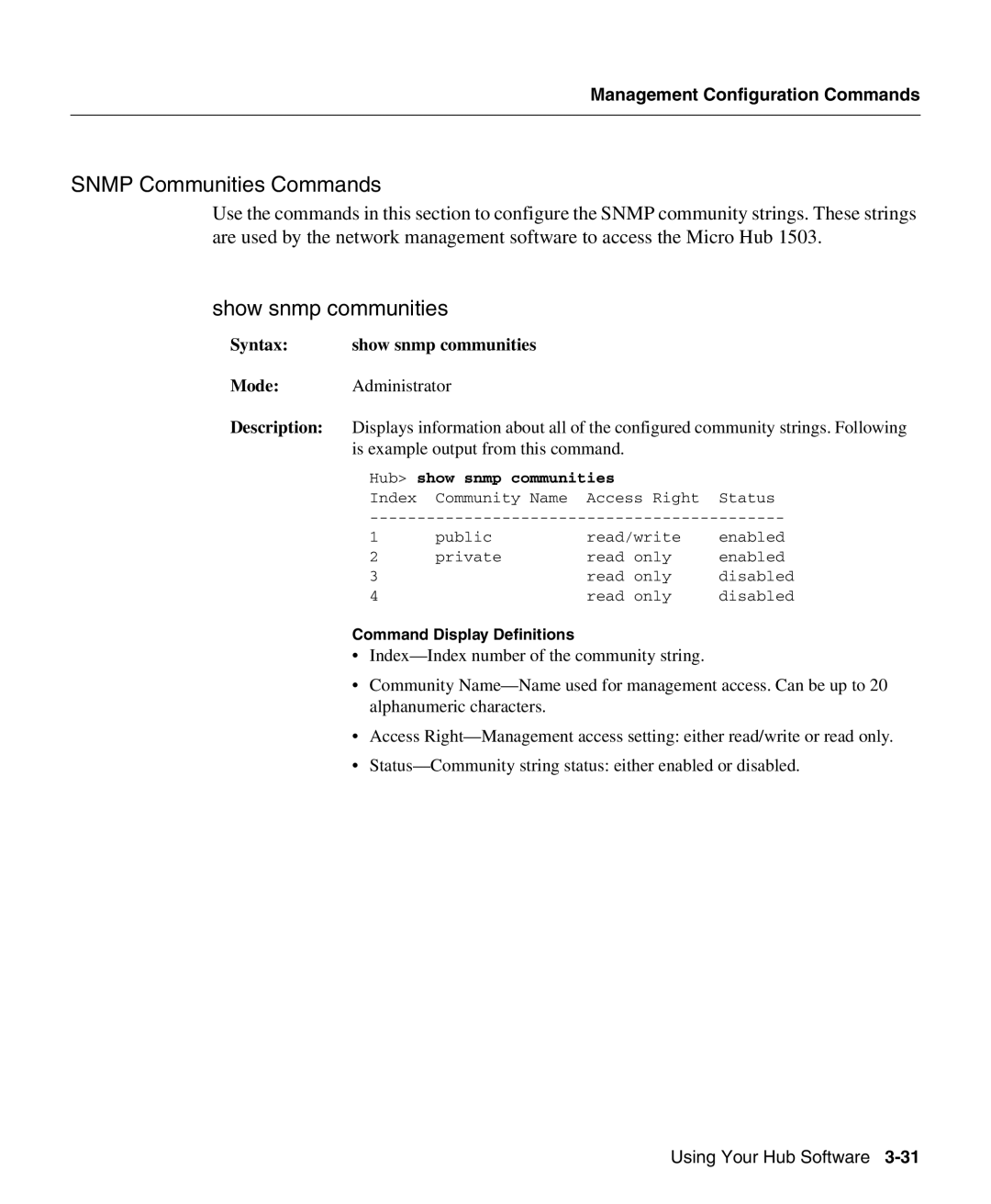 Cisco Systems 1503 manual Snmp Communities Commands, Show snmp communities, Hub show snmp communities 