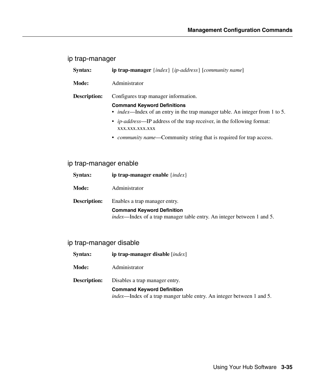 Cisco Systems 1503 manual Ip trap-manager enable, Syntax Ip trap-manager disable index 