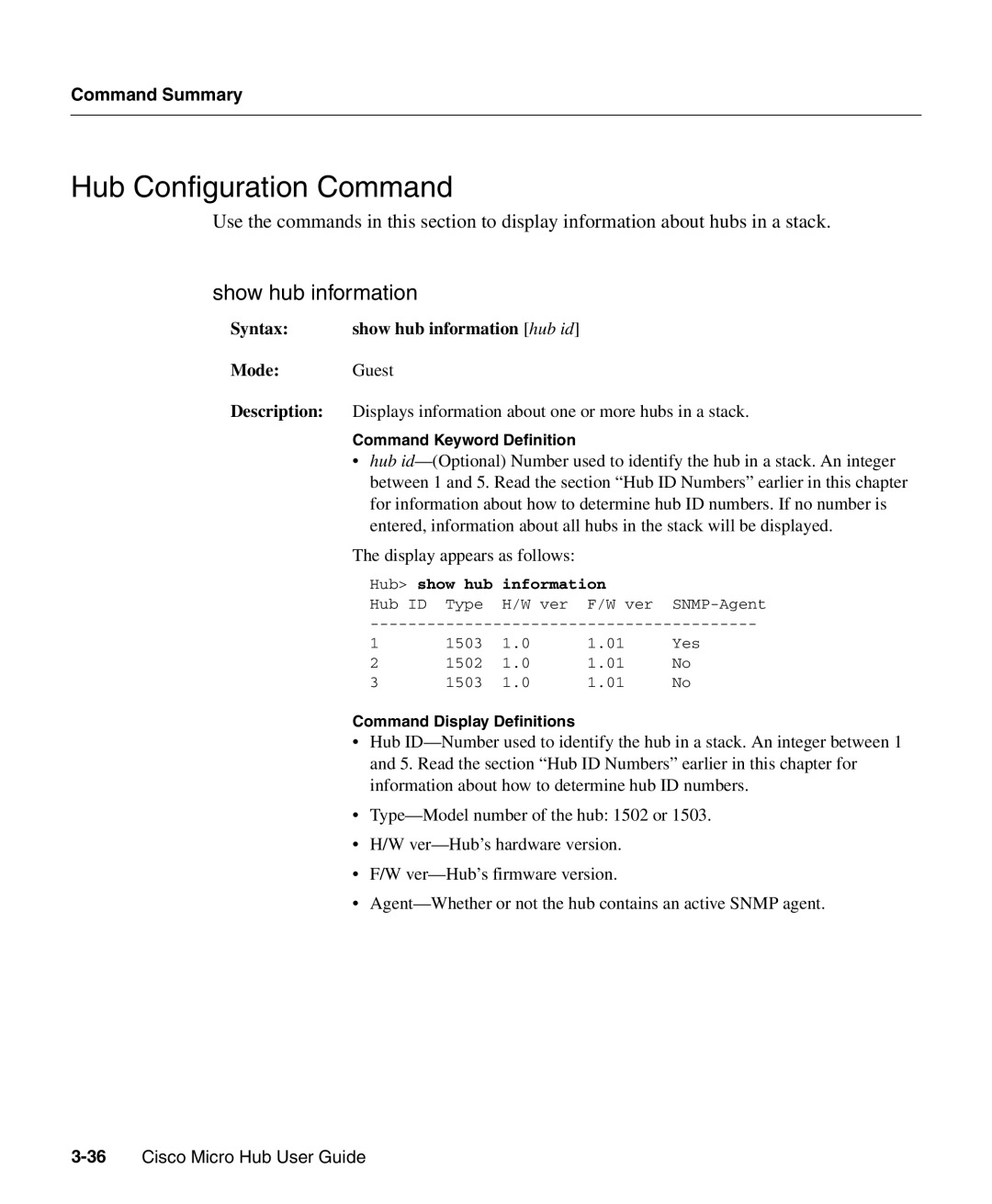 Cisco Systems 1503 manual Hub Configuration Command, Show hub information, Hub show hub information 