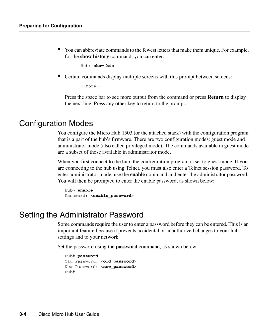 Cisco Systems 1503 manual Configuration Modes, Setting the Administrator Password, Hub show his, Hub# password 