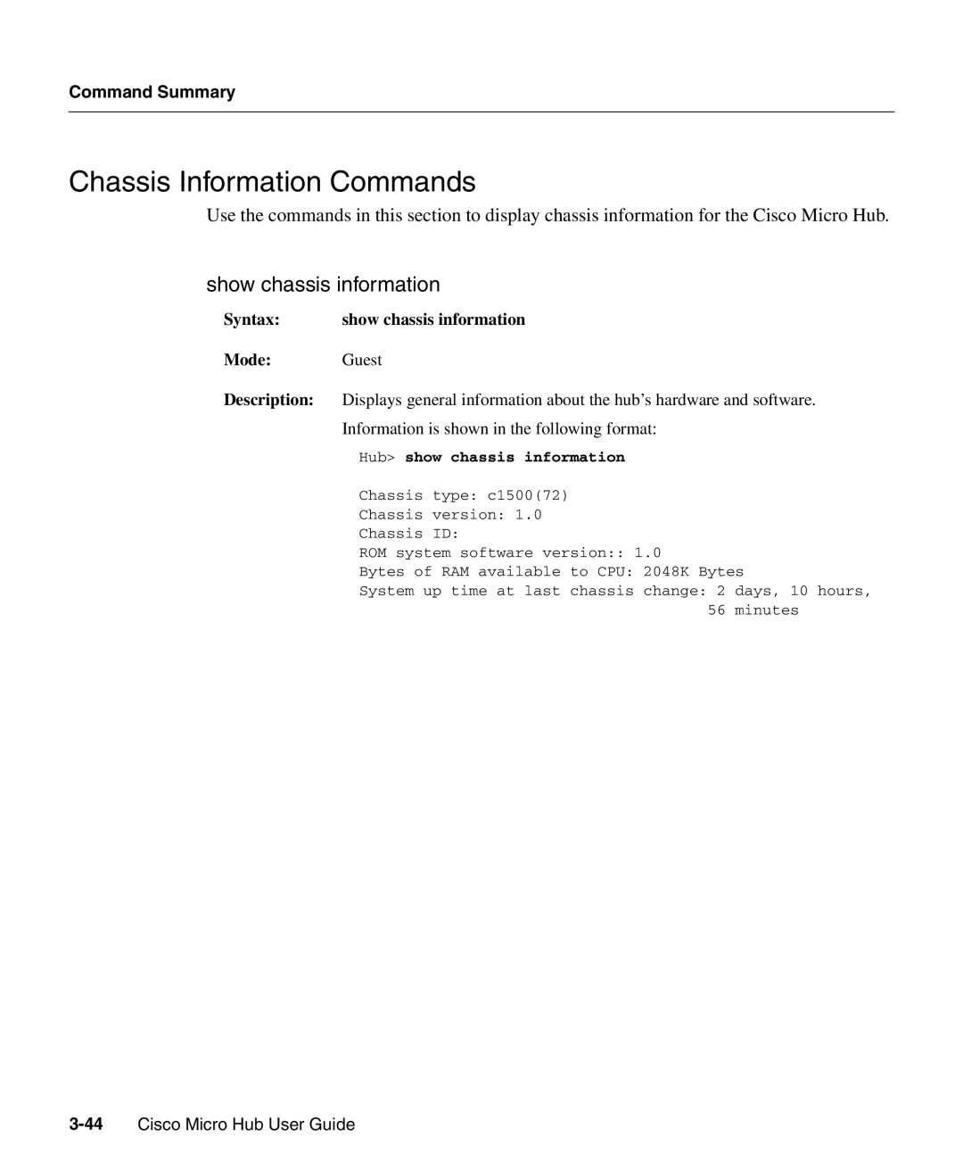 Cisco Systems 1503 manual Chassis Information Commands, Show chassis information, Hub show chassis information 