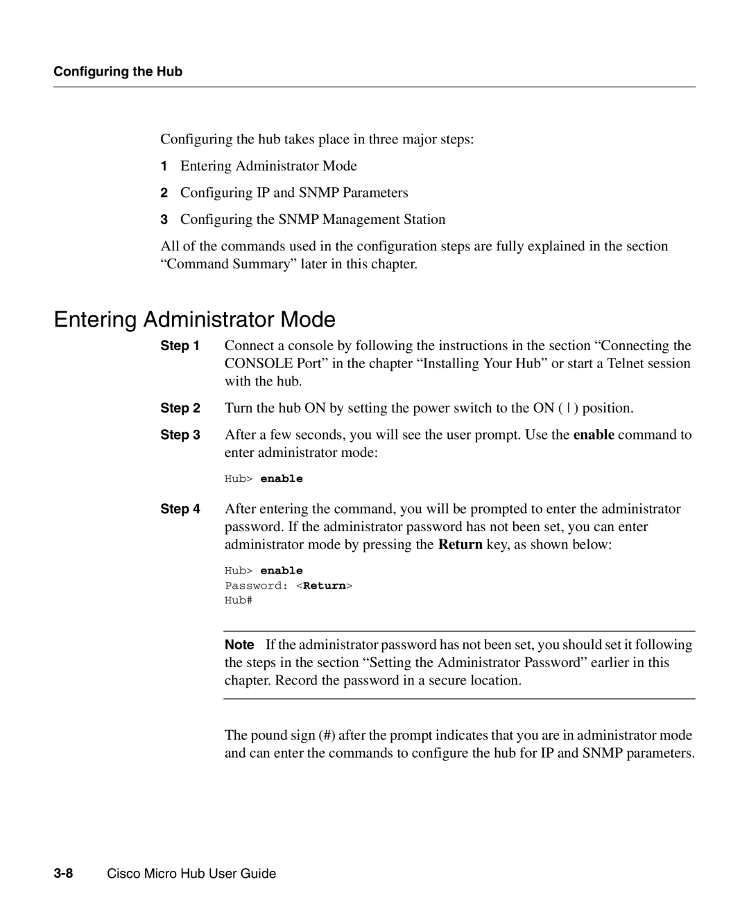 Cisco Systems 1503 manual Entering Administrator Mode, Hub enable 