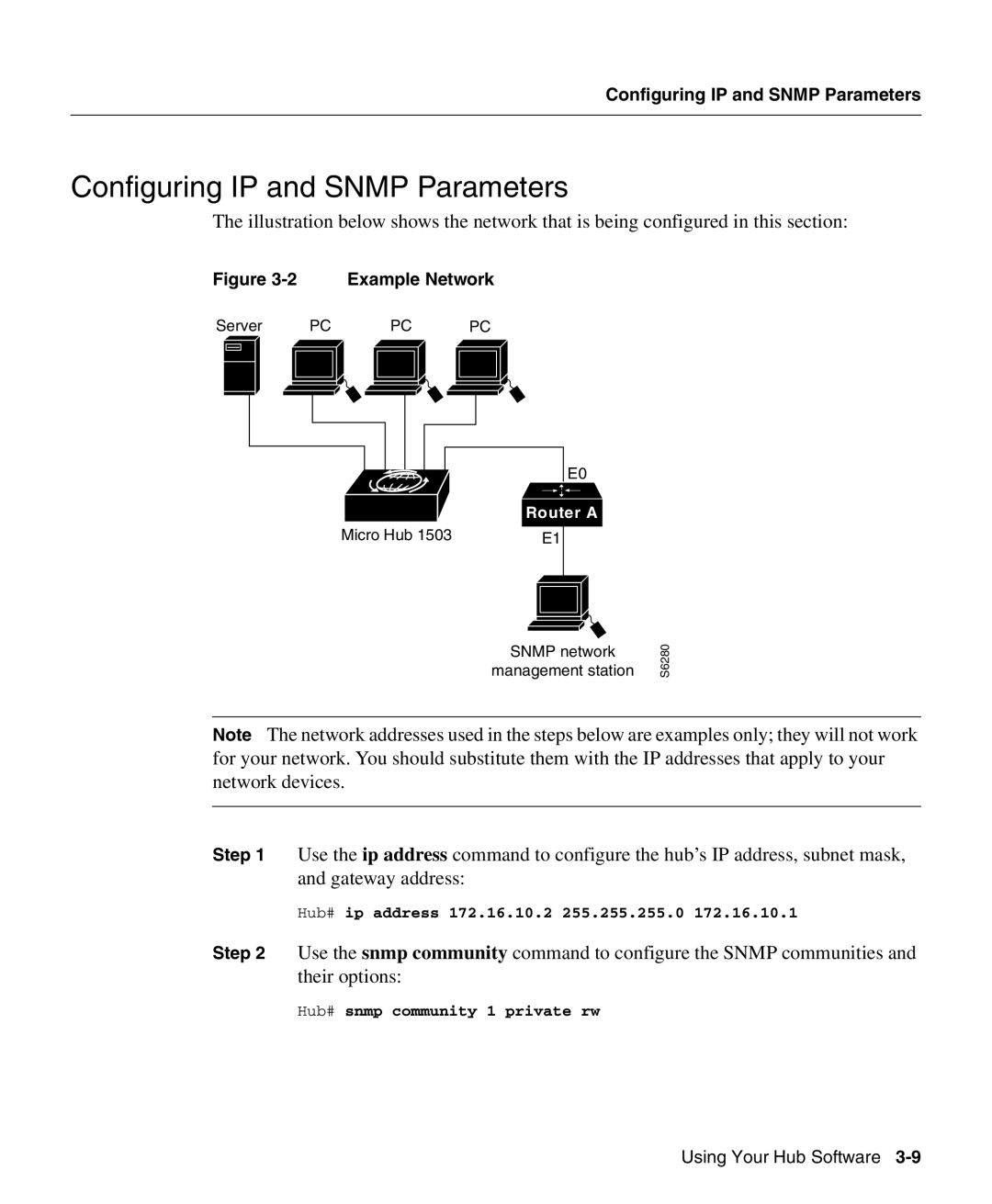 Cisco Systems 1503 manual Configuring IP and Snmp Parameters, Hub# ip address 172.16.10.2 255.255.255.0 