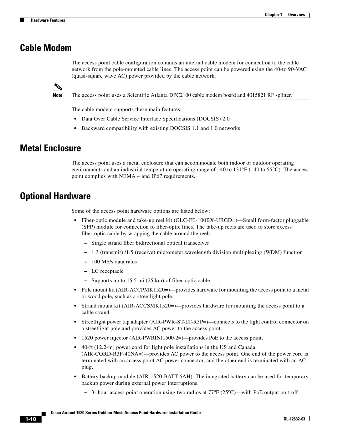 Cisco Systems 1520 manual Cable Modem, Metal Enclosure, Optional Hardware 