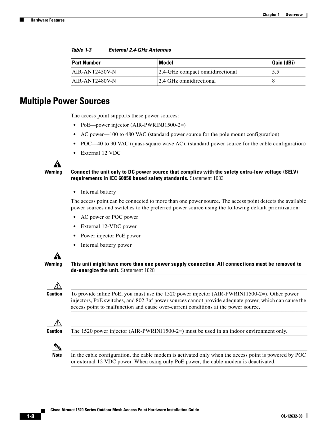 Cisco Systems 1520 manual Multiple Power Sources, GHz omnidirectional 