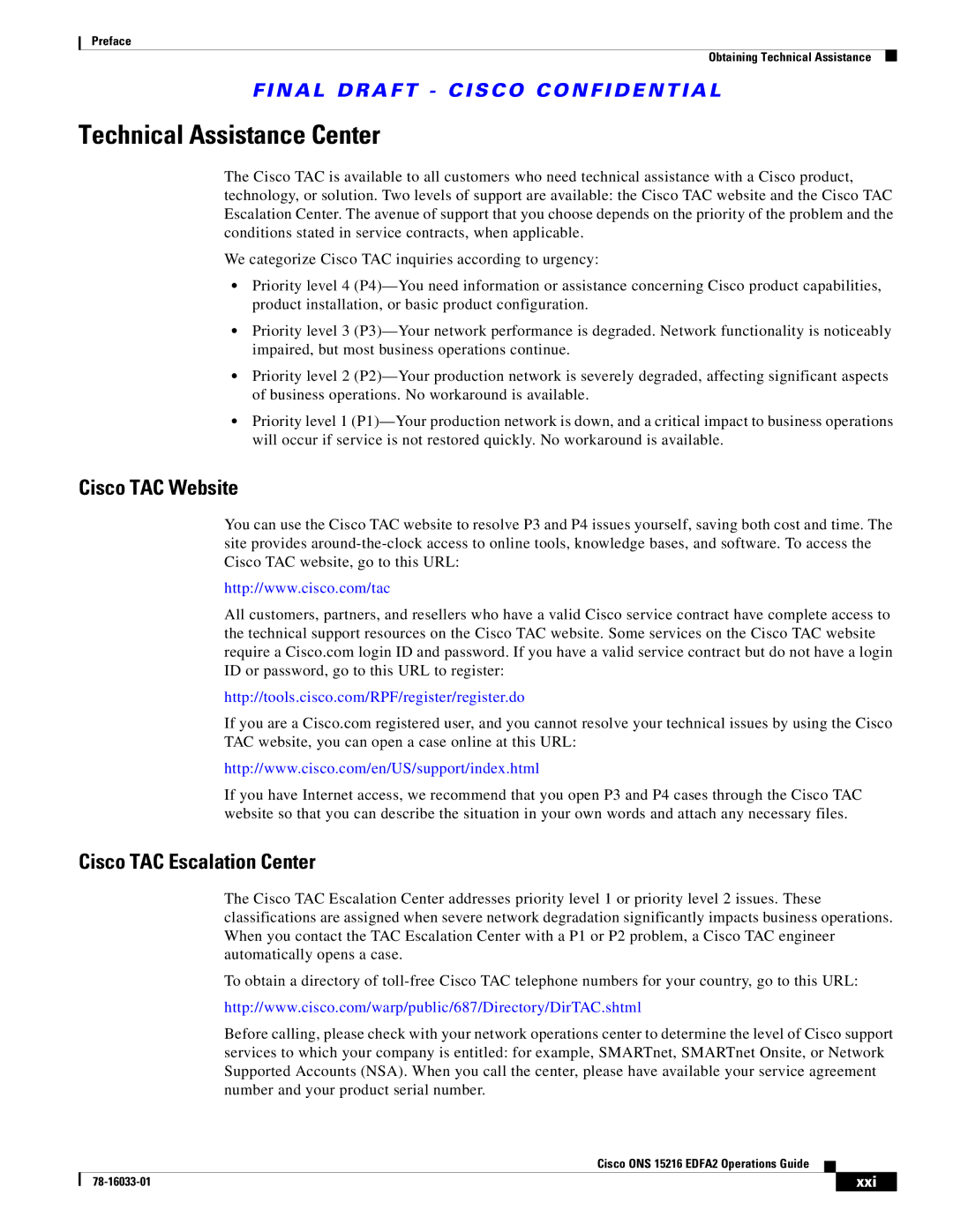 Cisco Systems 15216 EDFA2 manual Technical Assistance Center, Cisco TAC Website, Cisco TAC Escalation Center 