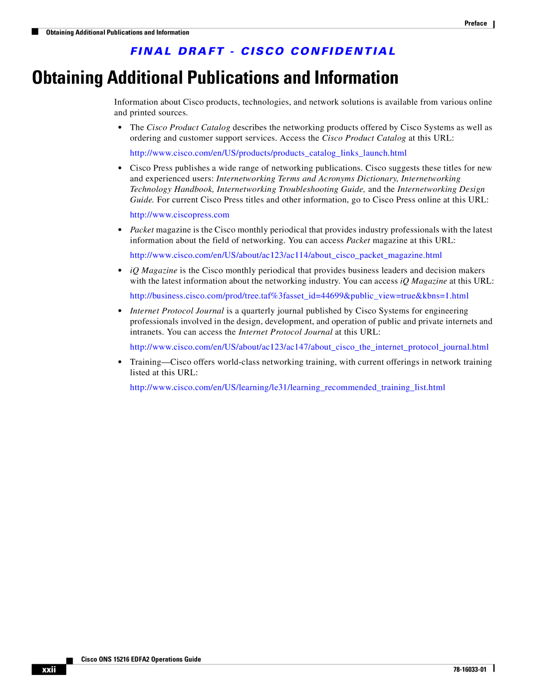 Cisco Systems 15216 EDFA2 manual Obtaining Additional Publications and Information 