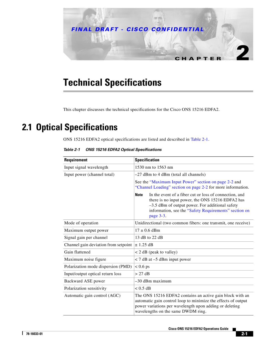 Cisco Systems 15216 EDFA2 Optical Specifications, Requirement Specification, DBm of output power. For additional safety 