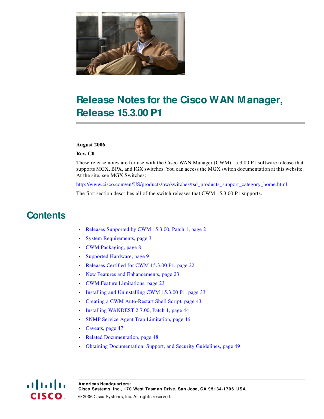 Cisco Systems 15.3.00P1 manual Contents, Releases Supported by CWM 15.3.00, Patch 1, page, Related Documentation, page 