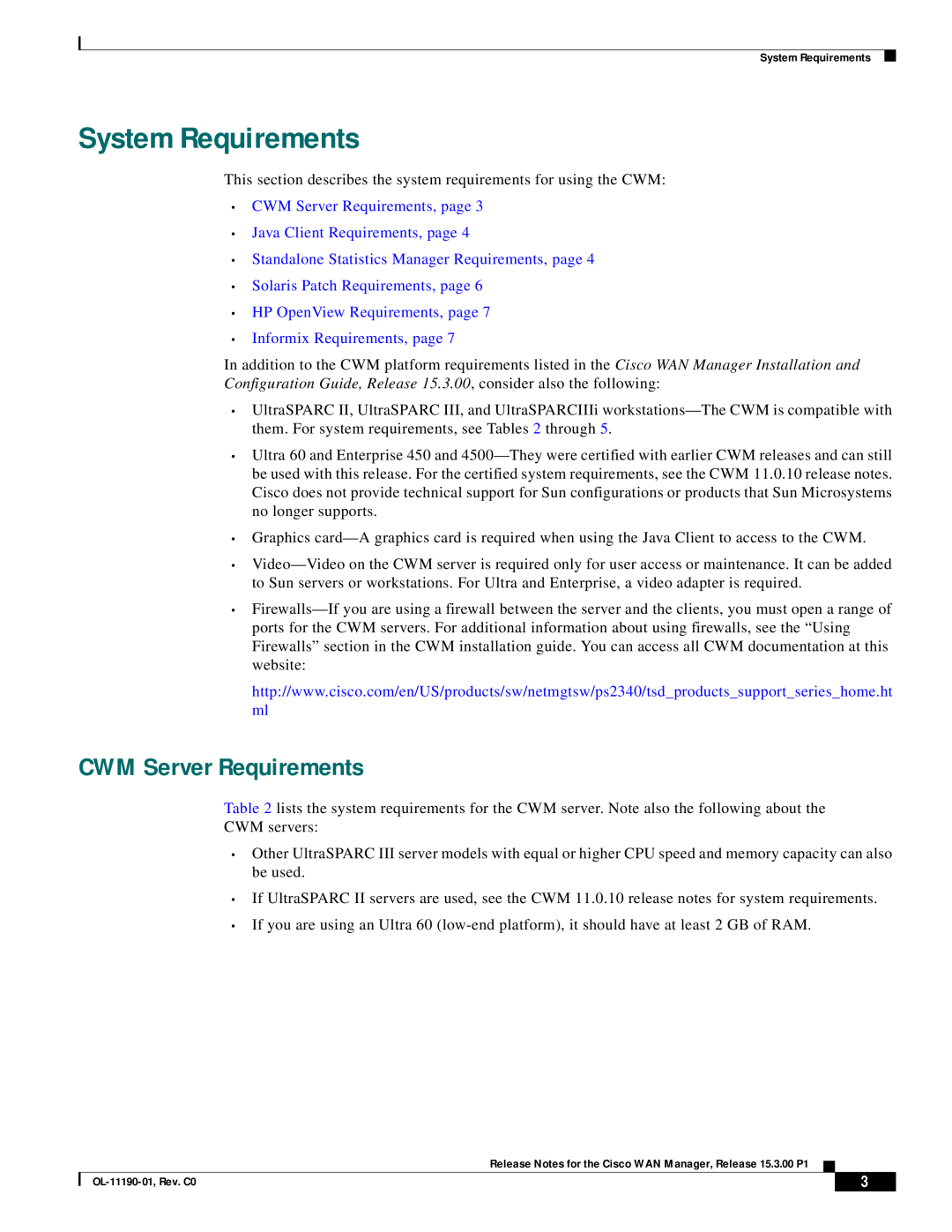 Cisco Systems 15.3.00P1 System Requirements, CWM Server Requirements, Standalone Statistics Manager Requirements, page 