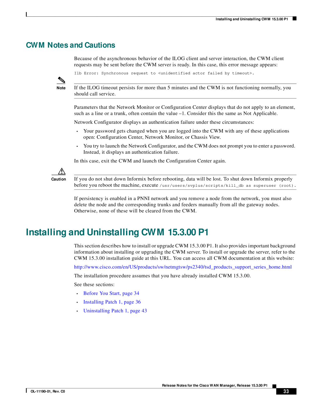 Cisco Systems 15.3.00P1 Installing and Uninstalling CWM 15.3.00 P1, CWM Notes and Cautions, Uninstalling Patch 1, page 