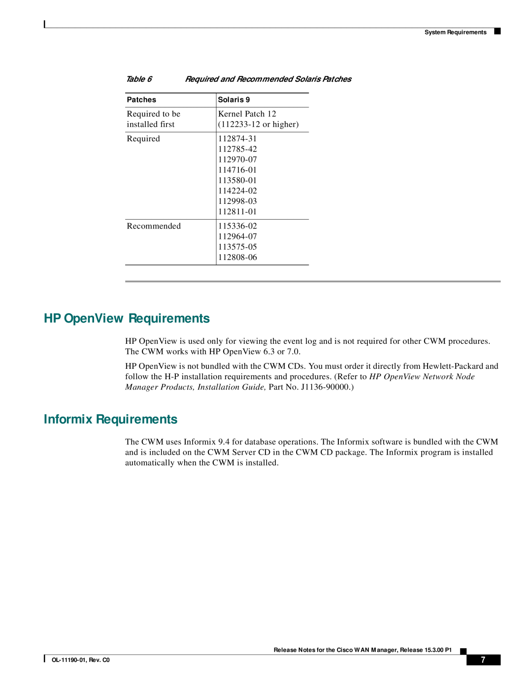 Cisco Systems 15.3.00P1 manual HP OpenView Requirements, Informix Requirements, Patches, Solaris 