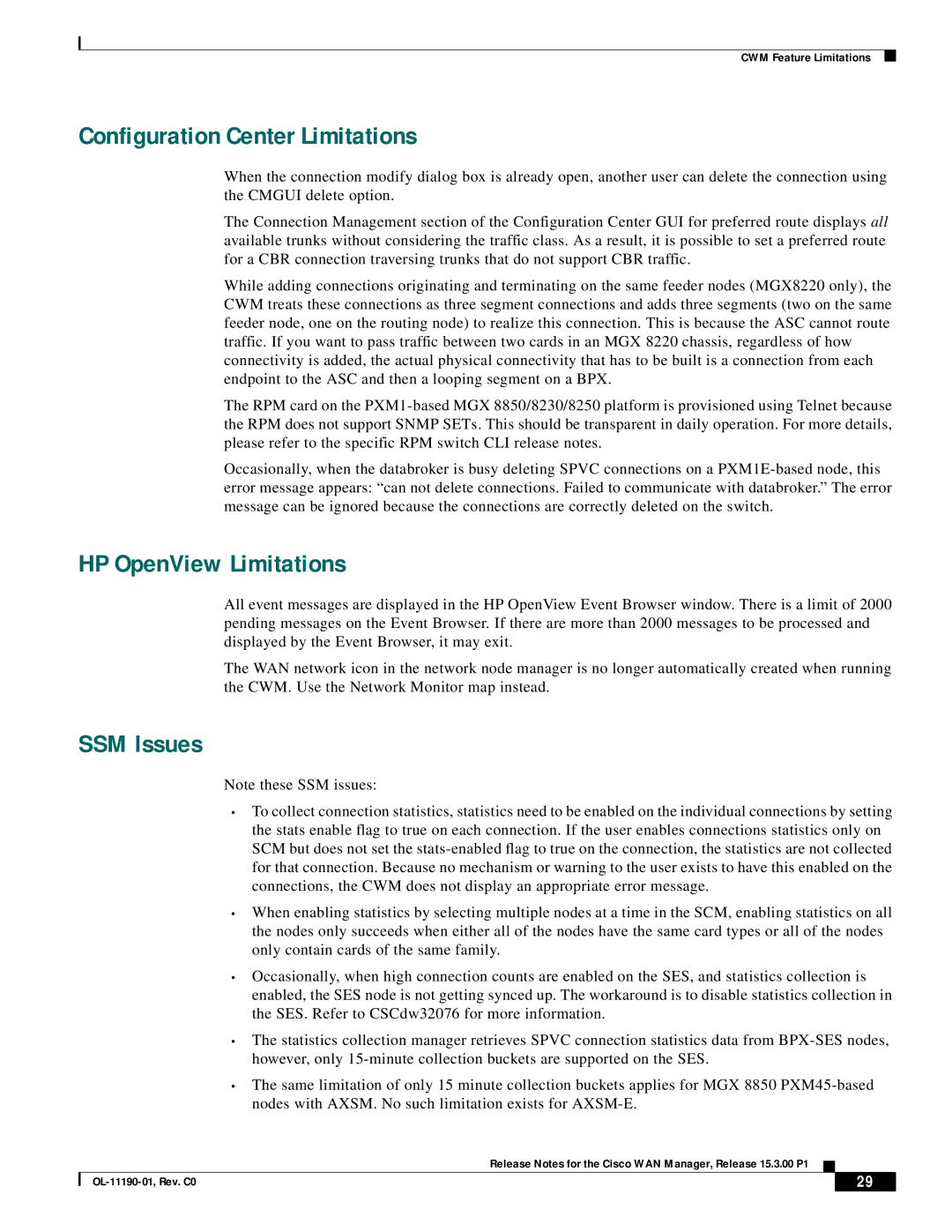 Cisco Systems 15.3.00P1 manual Configuration Center Limitations, HP OpenView Limitations, SSM Issues 