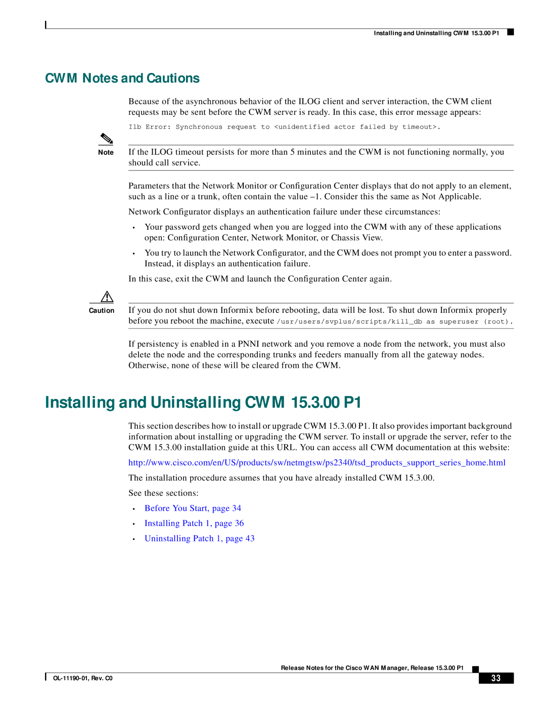 Cisco Systems 15.3.00P1 manual Installing and Uninstalling CWM 15.3.00 P1, CWM Notes and Cautions 