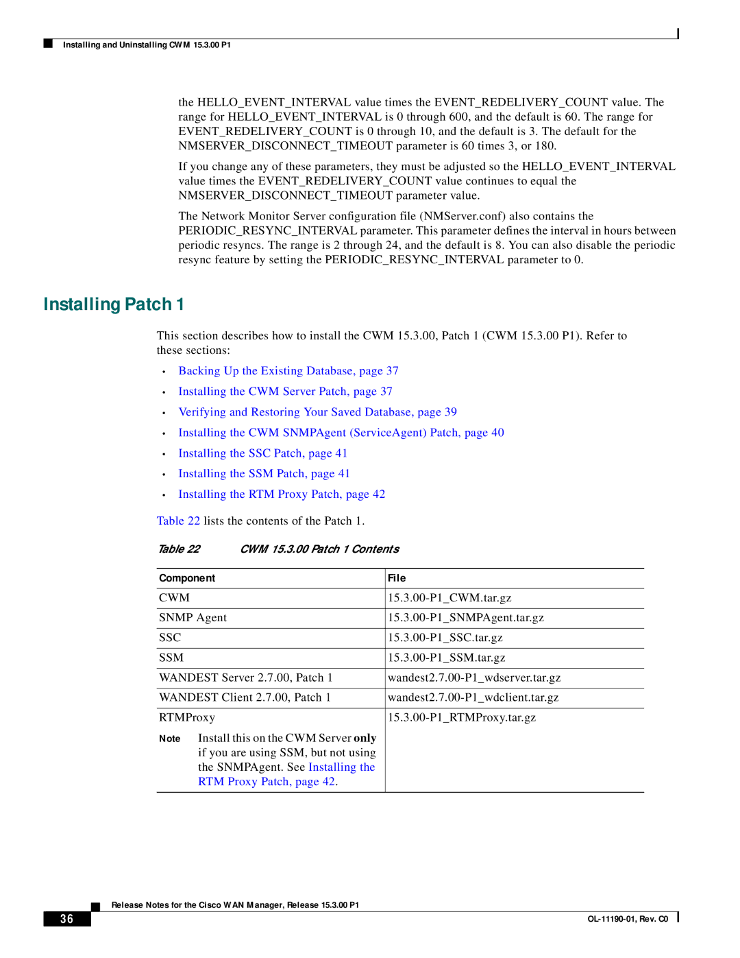 Cisco Systems 15.3.00P1 manual Installing Patch, Component File, Cwm, Ssc, Ssm 