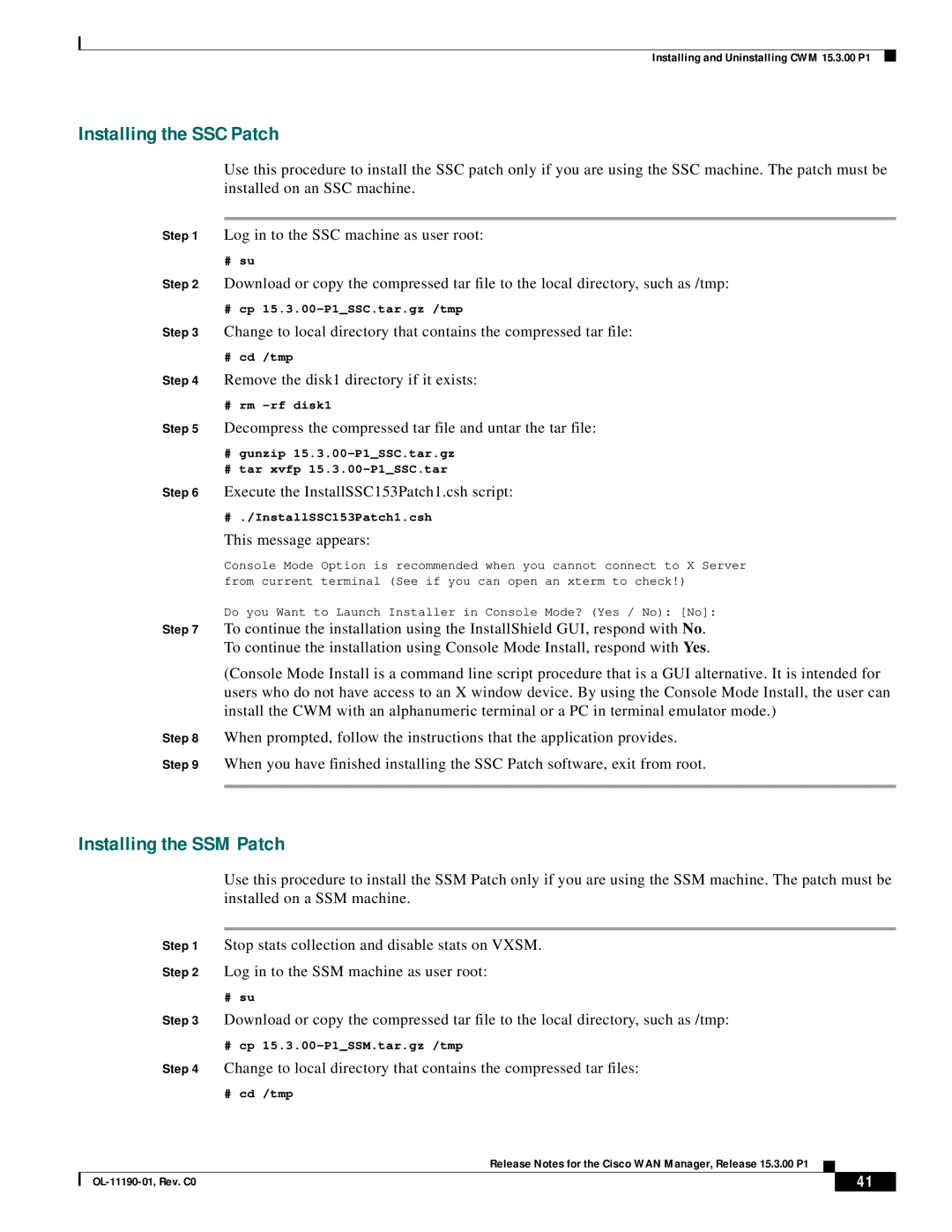 Cisco Systems 15.3.00P1 manual Installing the SSC Patch, Installing the SSM Patch 