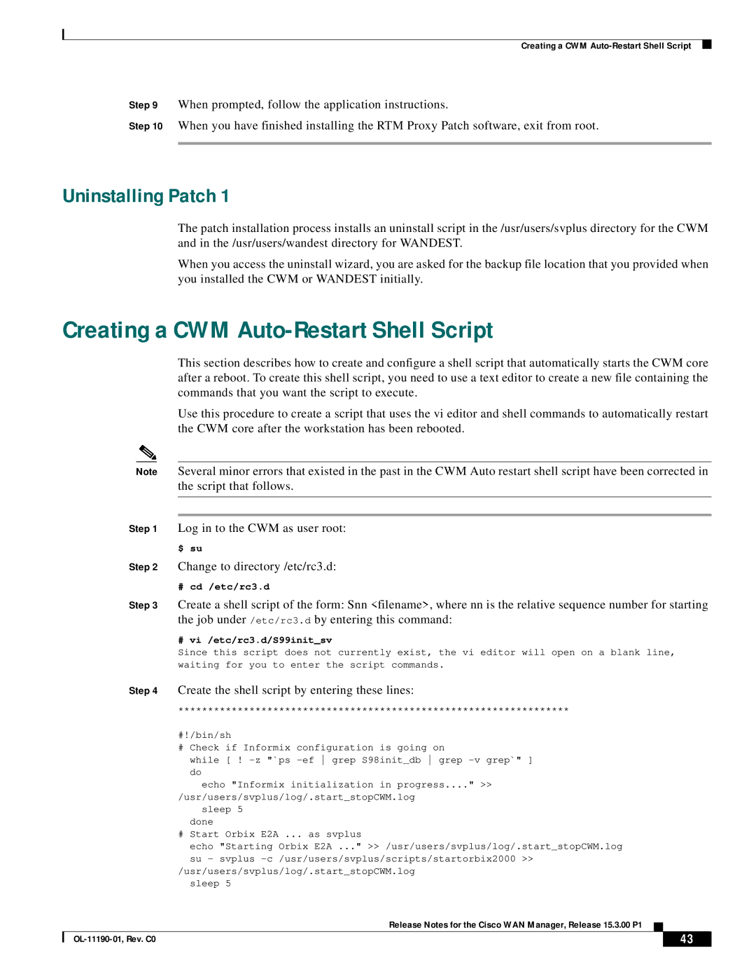 Cisco Systems 15.3.00P1 manual Creating a CWM Auto-Restart Shell Script, Uninstalling Patch 