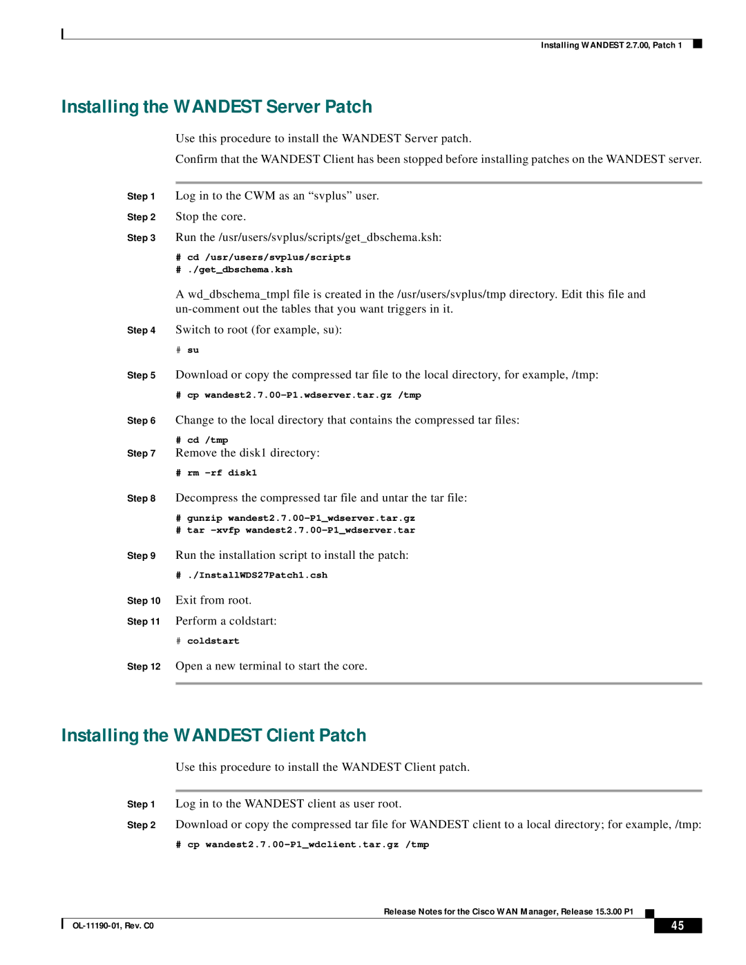 Cisco Systems 15.3.00P1 manual Installing the Wandest Server Patch, Installing the Wandest Client Patch 