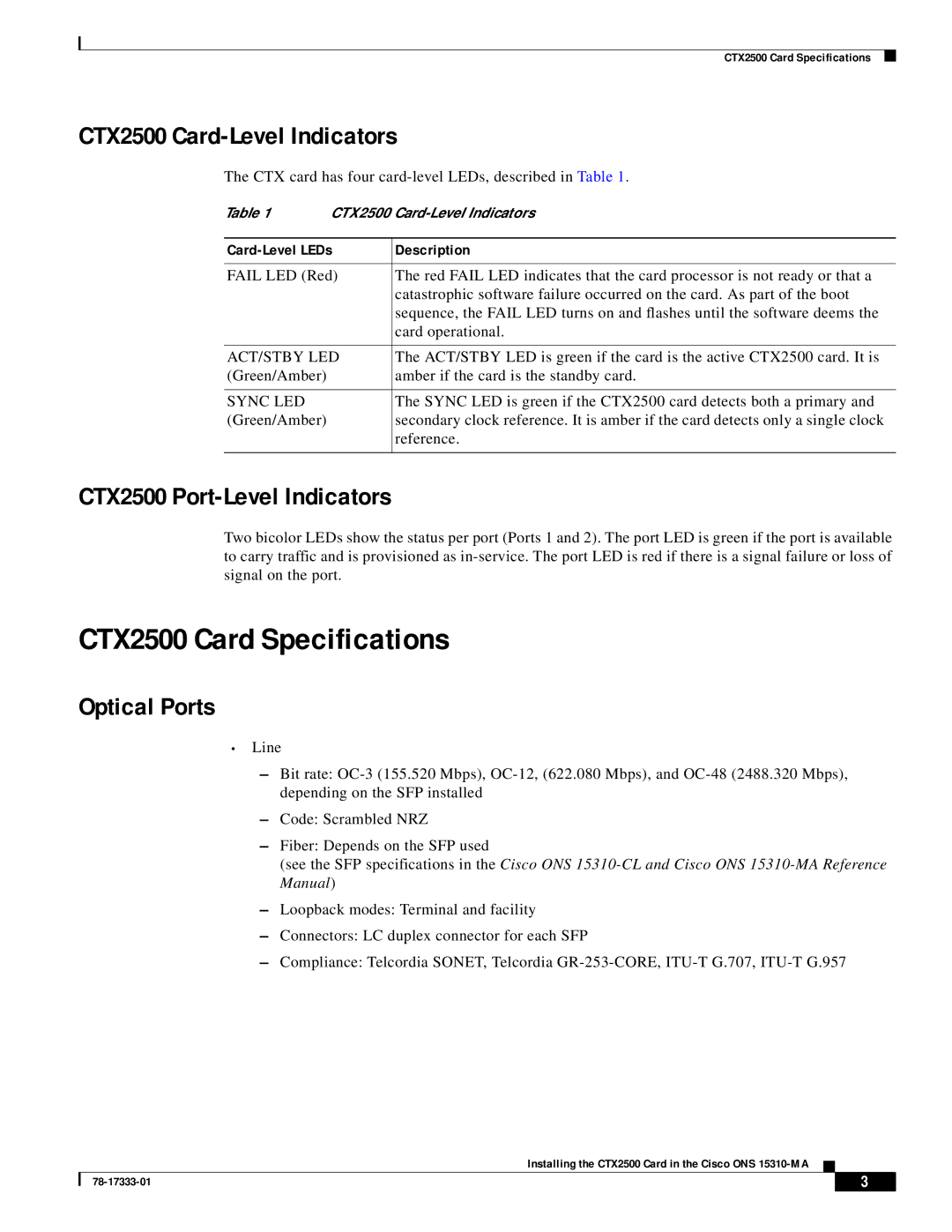 Cisco Systems 15310-CTX-2500-K9 CTX2500 Card Specifications, CTX2500 Card-Level Indicators, CTX2500 Port-Level Indicators 