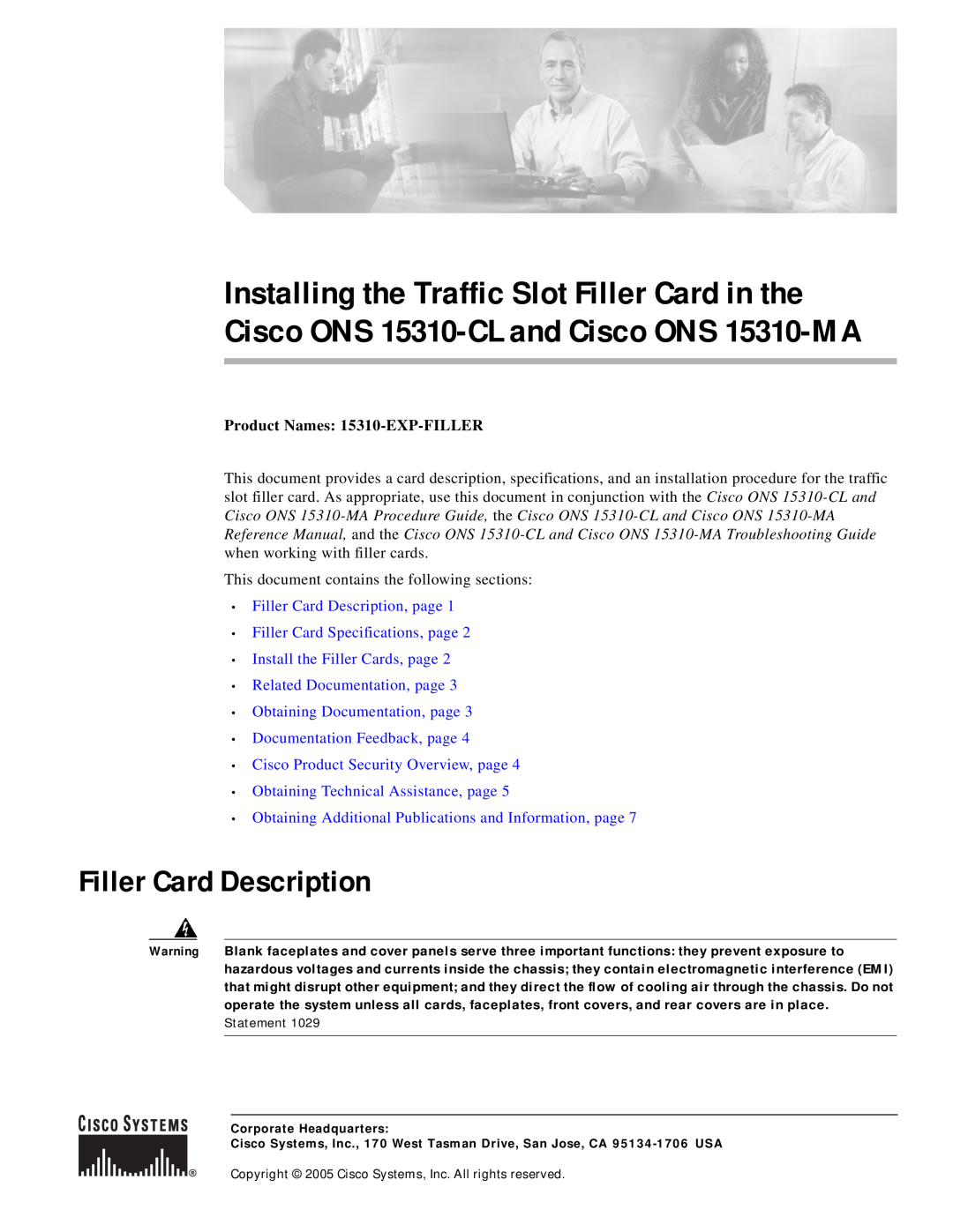 Cisco Systems 15310-CL, 15310-MA specifications Filler Card Description, Product Names 15310-EXP-FILLER 