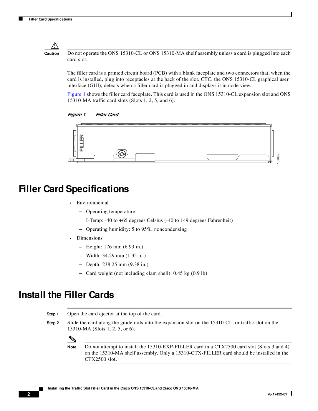 Cisco Systems 15310-MA, 15310-CL specifications Filler Card Specifications, Install the Filler Cards 