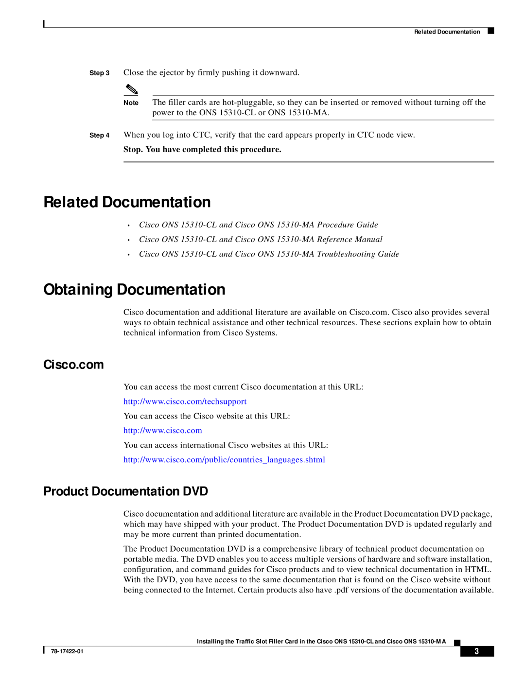 Cisco Systems 15310-CL, 15310-MA Related Documentation, Obtaining Documentation, Cisco.com, Product Documentation DVD 