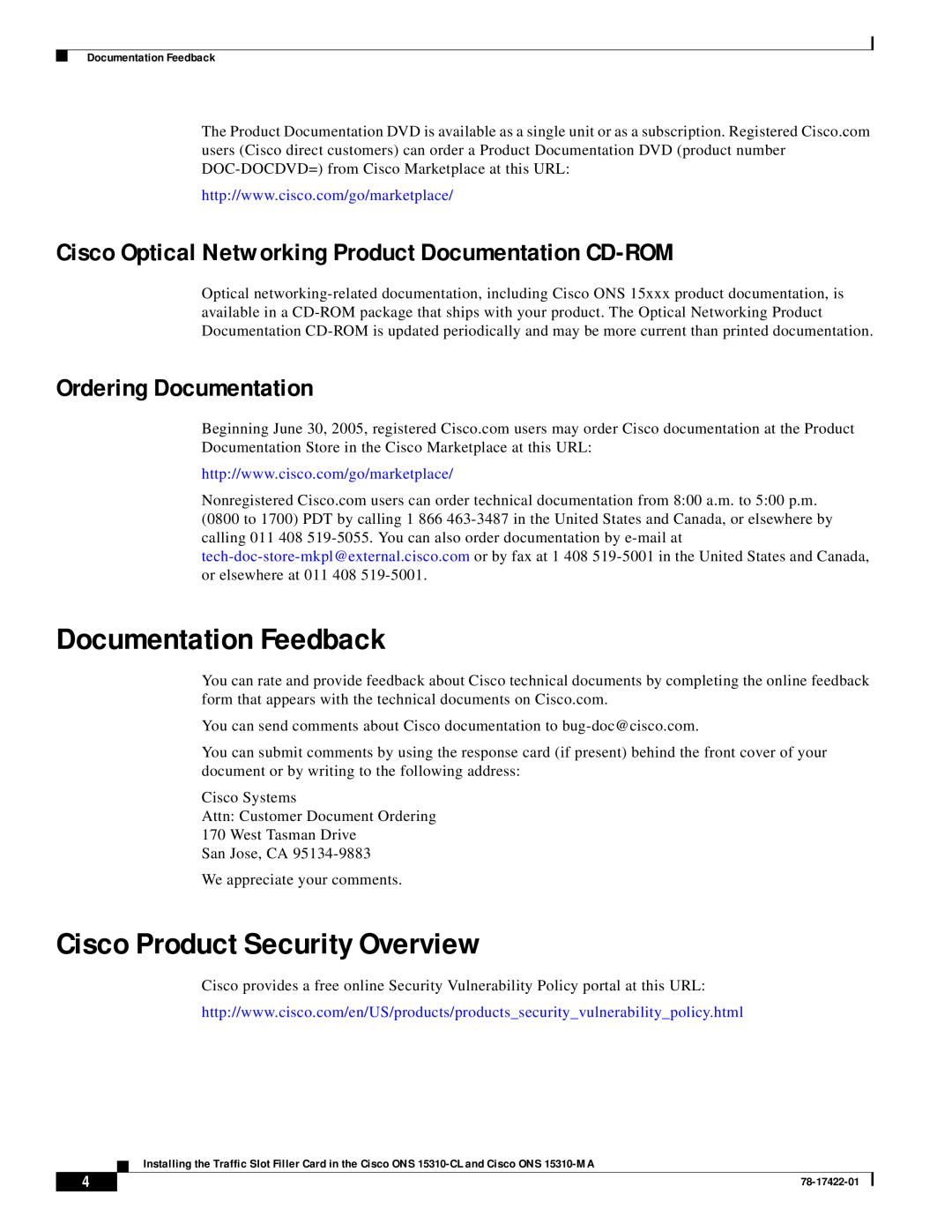 Cisco Systems 15310-MA, 15310-CL Documentation Feedback, Cisco Product Security Overview, Ordering Documentation 
