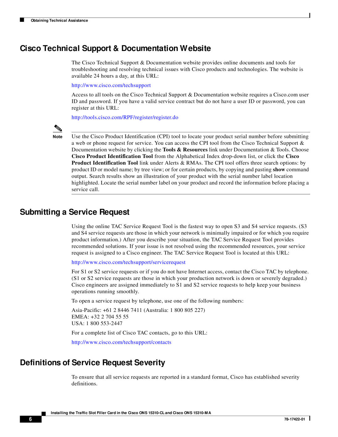Cisco Systems 15310-MA, 15310-CL Cisco Technical Support & Documentation Website, Submitting a Service Request 