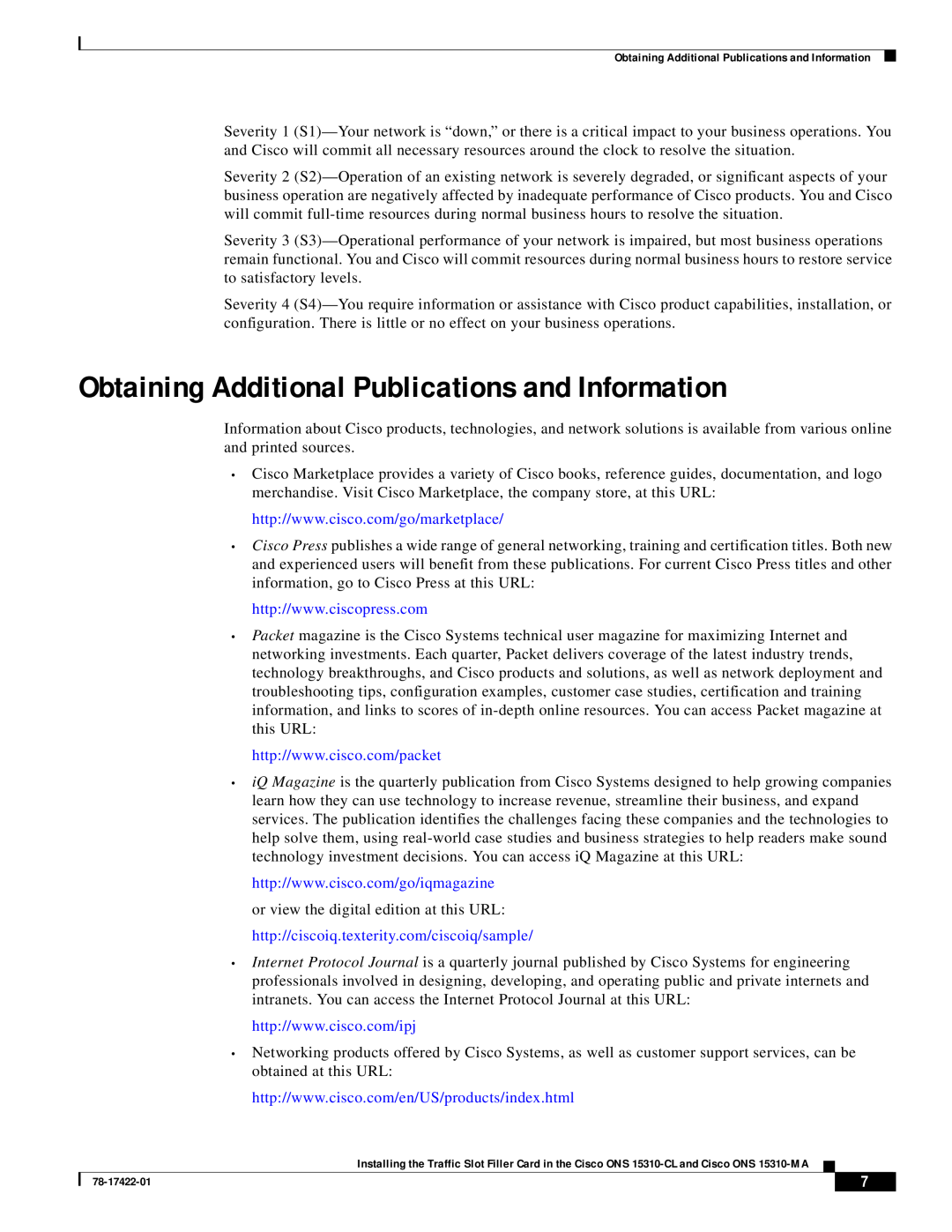 Cisco Systems 15310-CL, 15310-MA specifications Obtaining Additional Publications and Information 