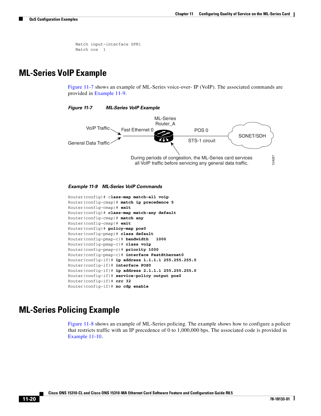 Cisco Systems 15310-MA ML-Series VoIP Example, ML-Series Policing Example, 11-20, Example 11-9 ML-Series VoIP Commands 