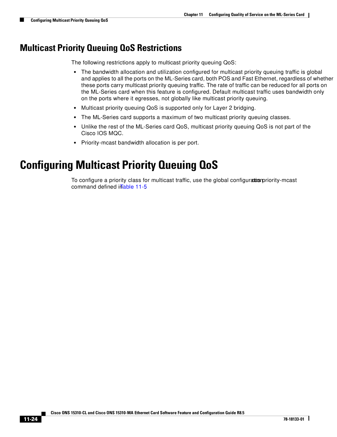 Cisco Systems 15310-MA Configuring Multicast Priority Queuing QoS, Multicast Priority Queuing QoS Restrictions, 11-24 