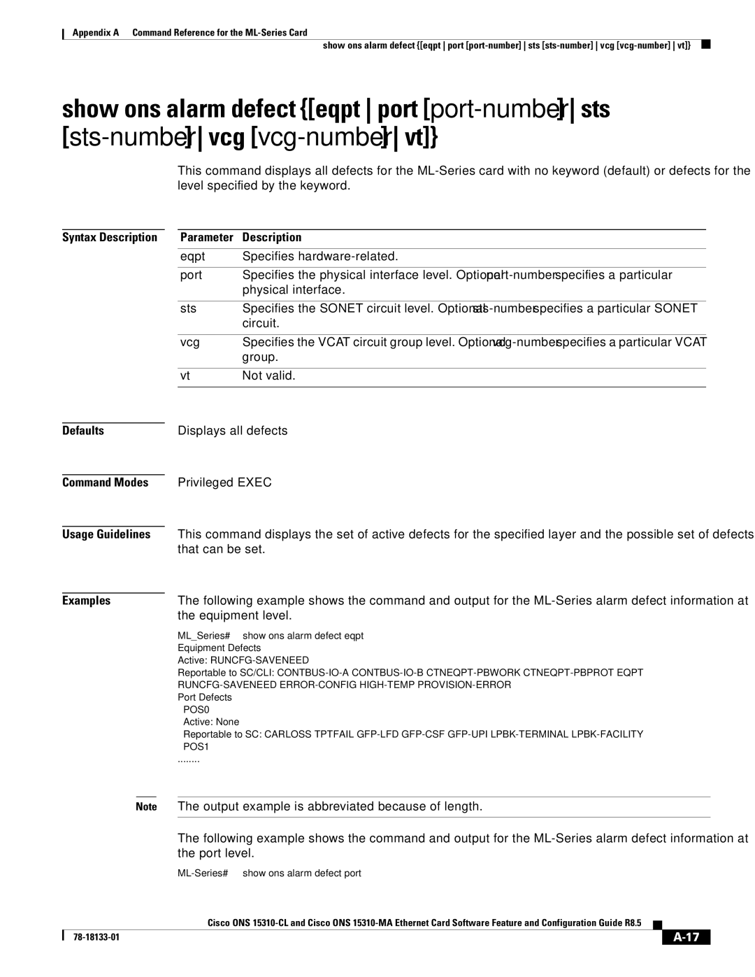 Cisco Systems 15310-CL, 15310-MA manual Eqpt, Sts, Vcg 