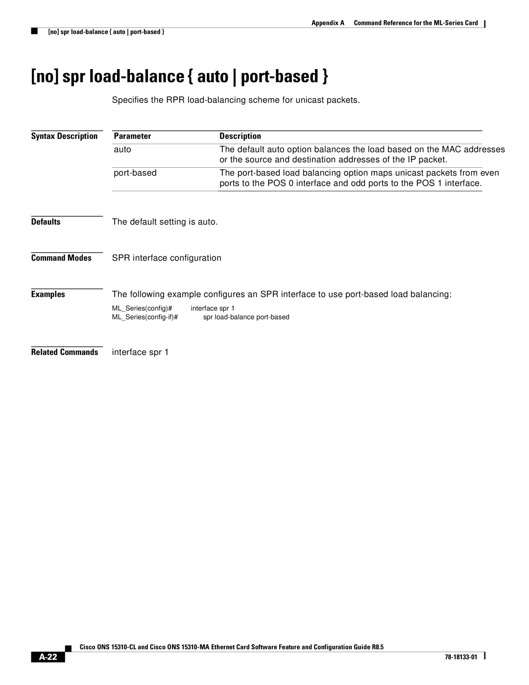 Cisco Systems 15310-MA, 15310-CL No spr load-balance auto port-based, Auto, Port-based, Related Commands interface spr 